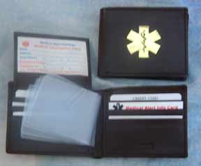 Medical Alert Wallets, Bi-fold black leather Medical wallet w/gold symbol