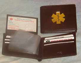 Medical Alert Wallets, Bi-fold dark brown leather Medical wallet w/gold symbol