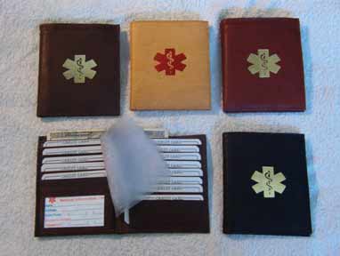 Medical Alert Wallets, Wide Hipster leather bi-fold wallets, 4 colors shown