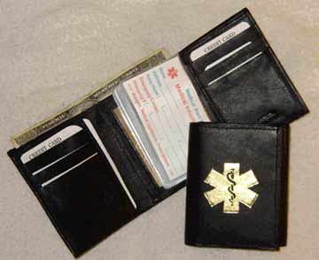 Medical Alert Wallets,Tri-fold black leather Medcial wallet with gold color medical symbol