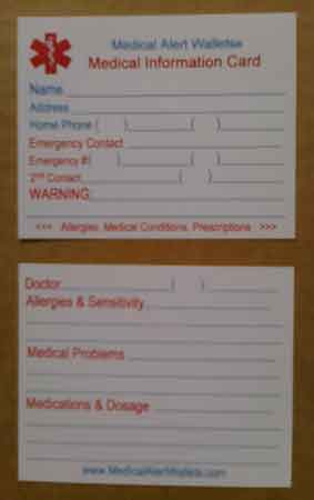 Medical Alert Wallets Large Neck Wallet size Medical Information Card front and back