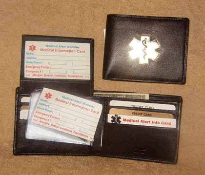 Medical Alert Wallets bifold black leather wallet with flip ID and Gold symbol