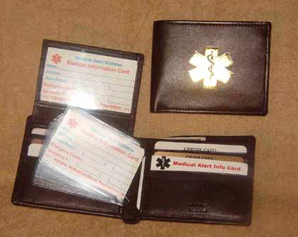Medcial Alert Wallets, Bi-fold dark brown leather wallet with flip ID & gold symbol
