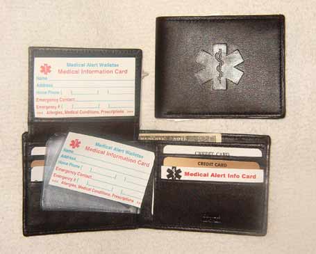 Medical Alerrt Wallets, Bi-fold black leather Medical wallet with flip ID