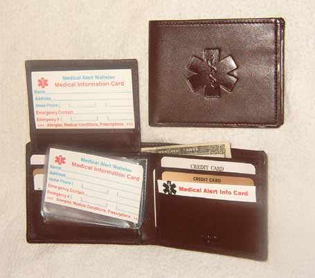 Medical Alert Wallets bi-fold dark brown Leather Medical Wallet with flip ID