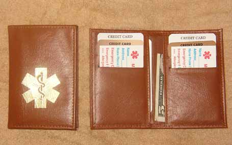 Medical Alert Wallets, Hipster light brown leather bi-fold Medical wallet
