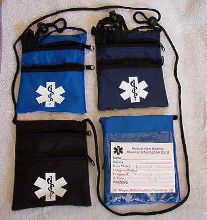 Medical Alert Wallets, Neck Wallet with 2 zippers, 3 colors shown