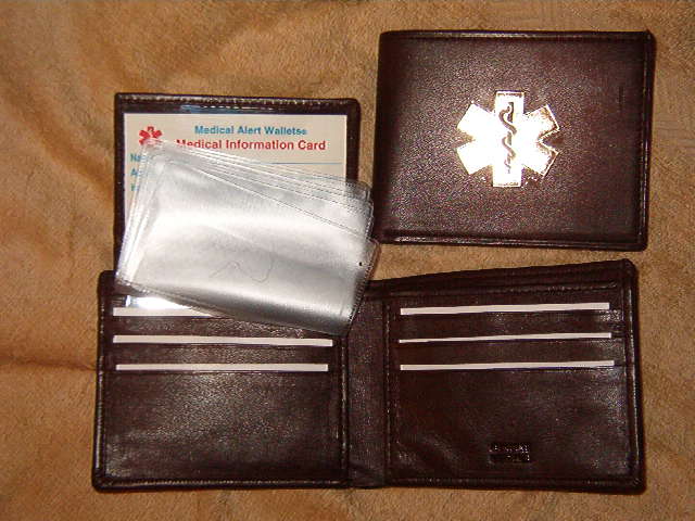Medcial Alert Wallets, Bi-fold dark brown leather wallet with flip ID & gold symbol