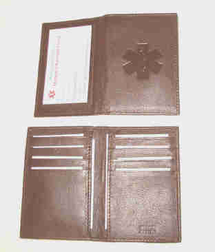 Medical Alert Wallets, Credit Card ID leather bi-fold Medical wallet with debossed symbol, dark brown shown