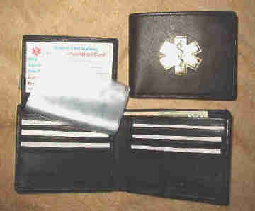 Medical Alert Wallets bifold black leather wallet with flip ID and Gold symbol