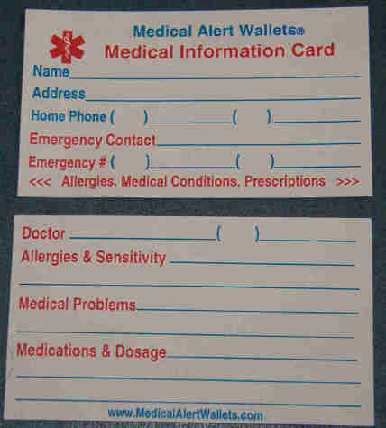 Medical Alert Wallets, Medical Information Card, front and back photo