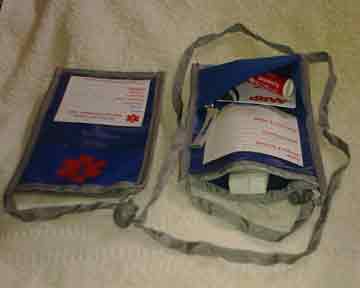 Medical Alert Wallets, Blue with red medical symbol Open Top Neck Wallet, Top & Side view shown