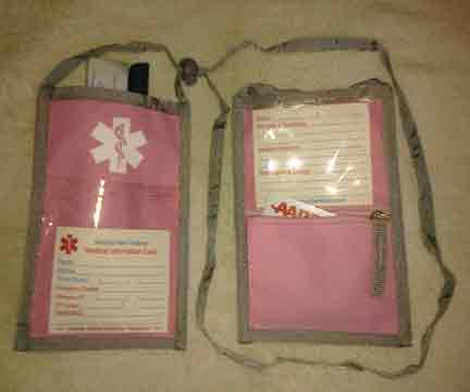 Medical Alert Wallets, Open Top Neck Wallet, Pink with white ned symbol shown