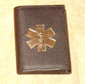 Medical Alert Wallets, Tri-fold dark brown leather Medical wallet with gold color symbol