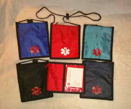 Medical Alert Wallets, Medical Neck Wallets 1 zipper at top, 5 colors shown