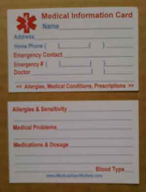 Medical Alert Wallets, Medical Information Card, front and back of the Credit Card size