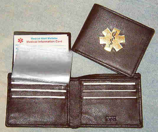 Medical Alert Wallets, Bi-fold flip ID dark brown leather Medical Wallet with gold Medical symbol 