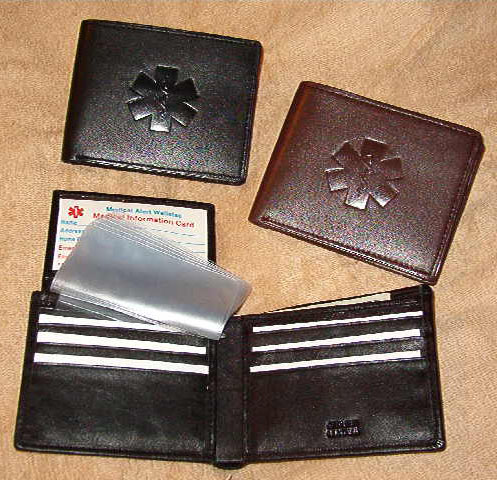 Medical Alert Wallets, Bi-fold leather wallets with flip up ID and natural debossed Medical symbol