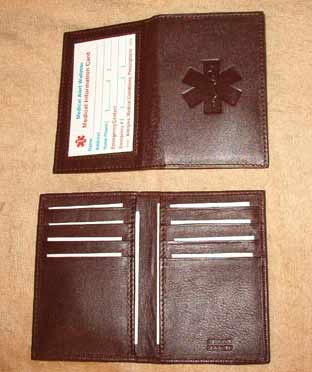 Medical Alert Wallets, Credit Card ID brown leather bi-fold Medical wallet