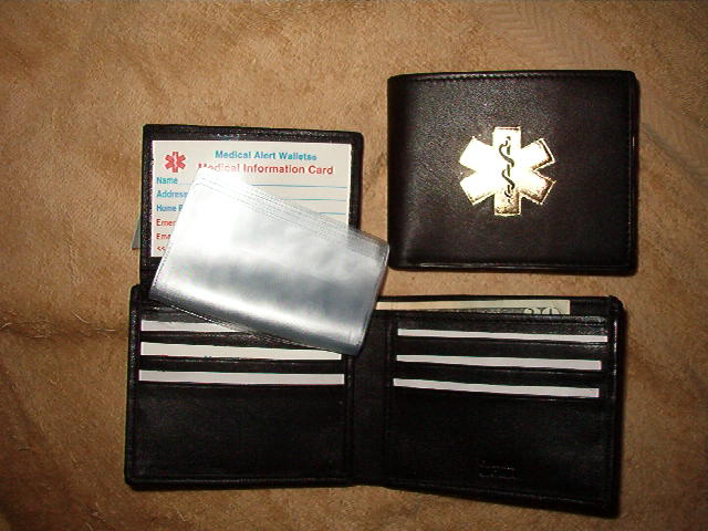 Medical Alert Walelts, Bi-fold flip ID black leather Medical Wallet with gold Medical symbol
