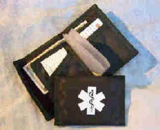 Medical Alert Wallets, Nylon Sports bi-fold Medical Wallet with clear card slots, black wallet shown.