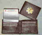 Bi-fold flip up ID leather wallet with gold color debossed symbol
