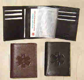 Medical Alert Wallets, Tri-fold leather Medcial wallet with dedossed Medical symbol