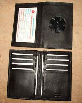 Medical Alert Wallets, Credit Card ID leather bi-fold Medical wallet, black color shown