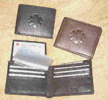Medical Alert Wallets, Bi-fold leather wallets with flip up ID and natural debossed Medical symbol