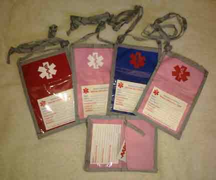 Medical Alert Wallets, Open Top Neck Wallets, 4 color combinations shown