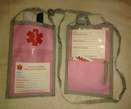 Medical Alert Wallets, Open Top Neck Medical Wallet, pink w/red symbol