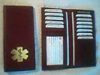 Medical Alert Wlallets, burgundy leather bi-fold Checkbook Medical wallet